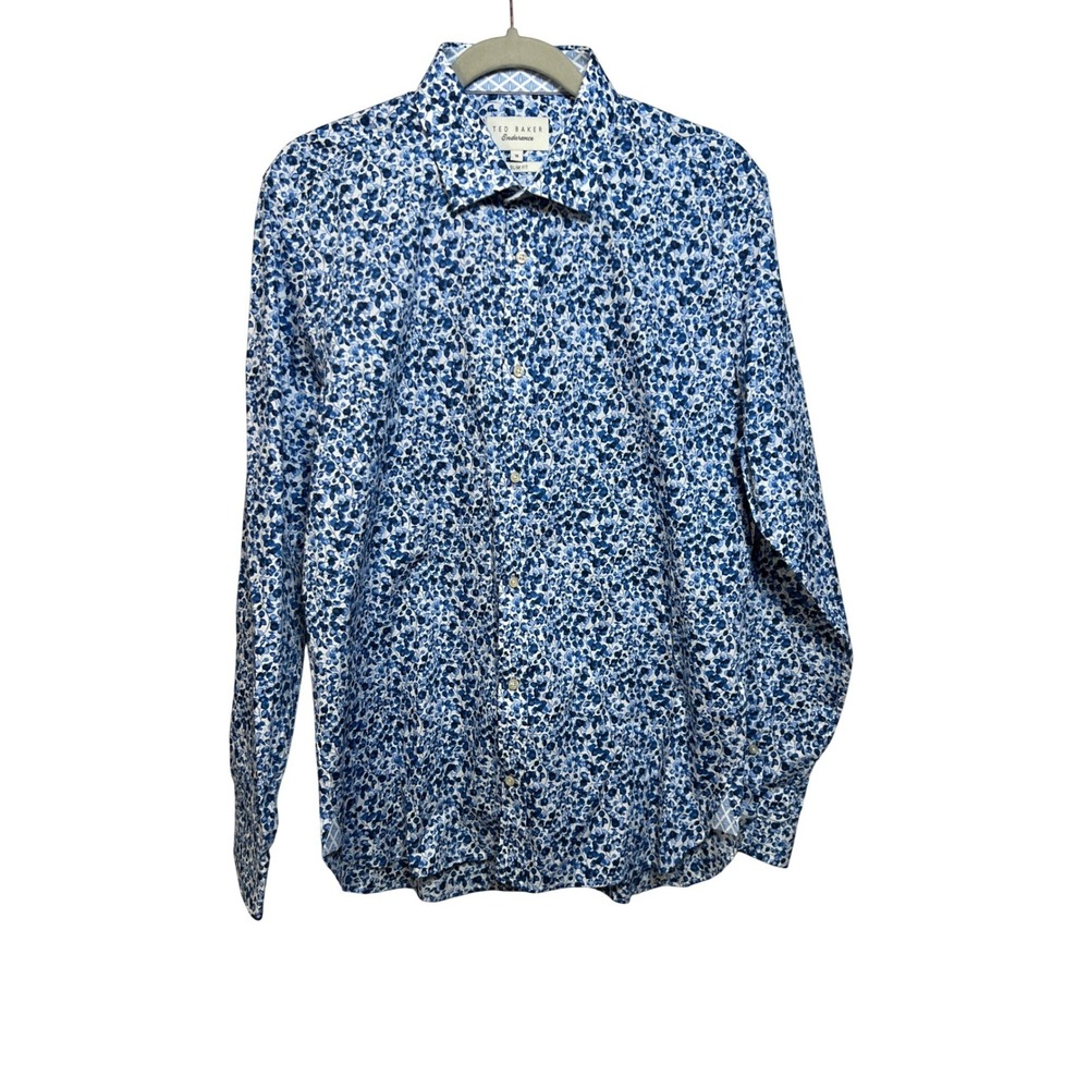 Ted Baker‎ Endurance Mens Slim Fit Floral Button Down Shirt Blue White Size 16 L